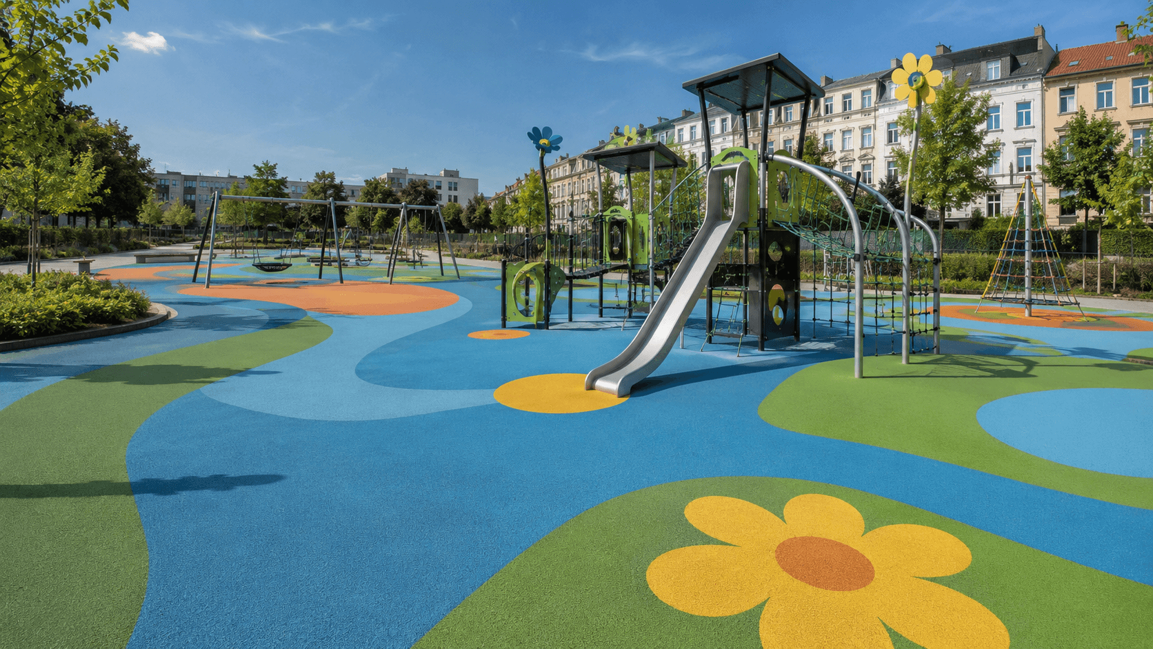 Colourful rubber playground surface at a public park