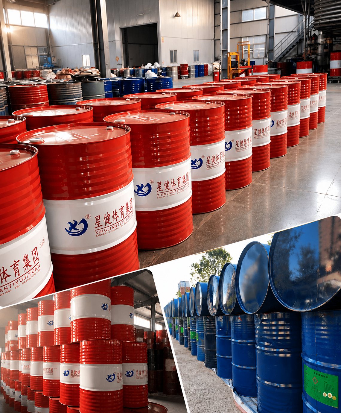 Rows of branded XJ Sports Group raw-material drums stored in the factory warehouse